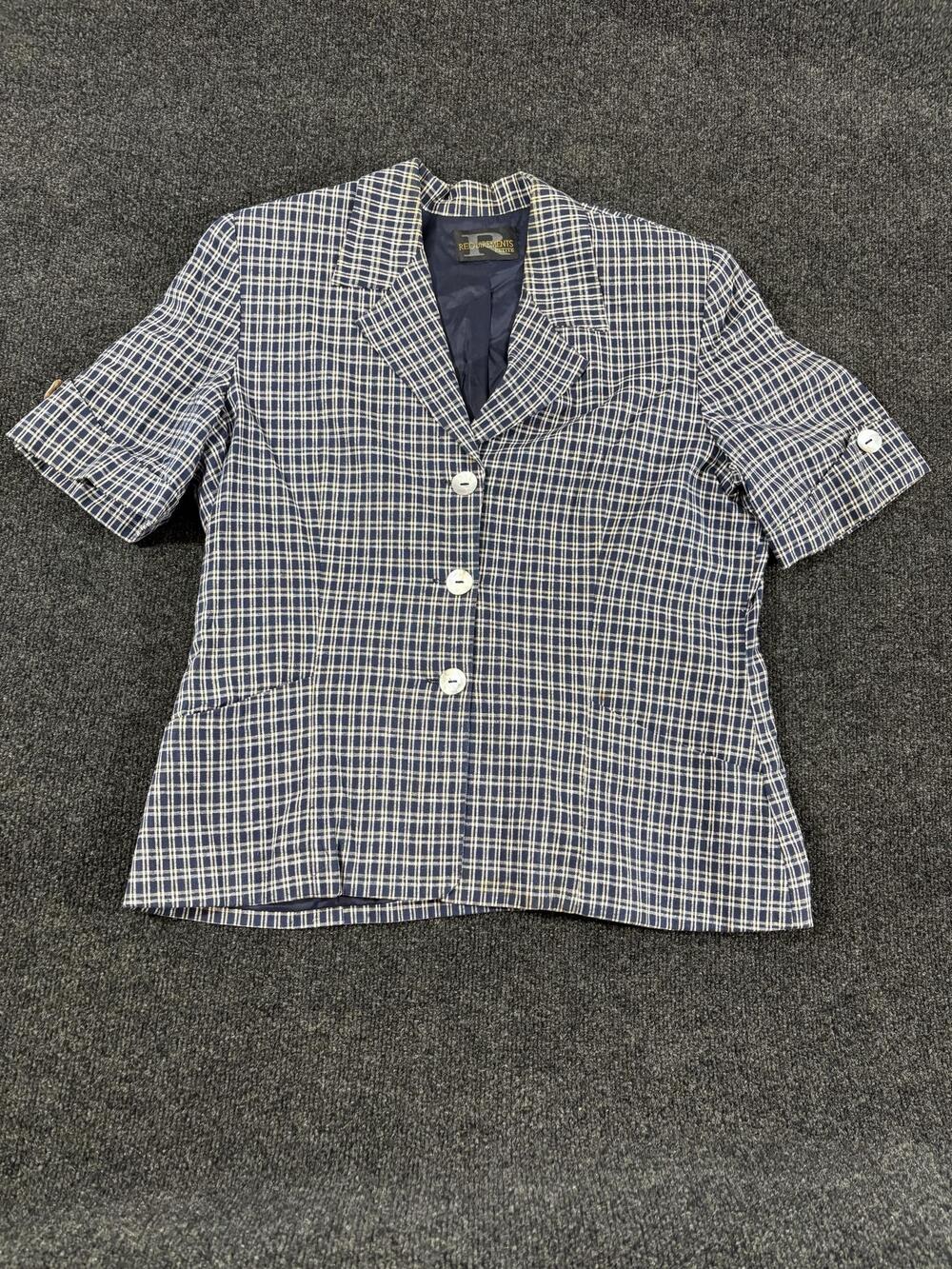 Requirements Blazer Womens 10P Blue Check Short Sleeve Belted Lined Jacket
